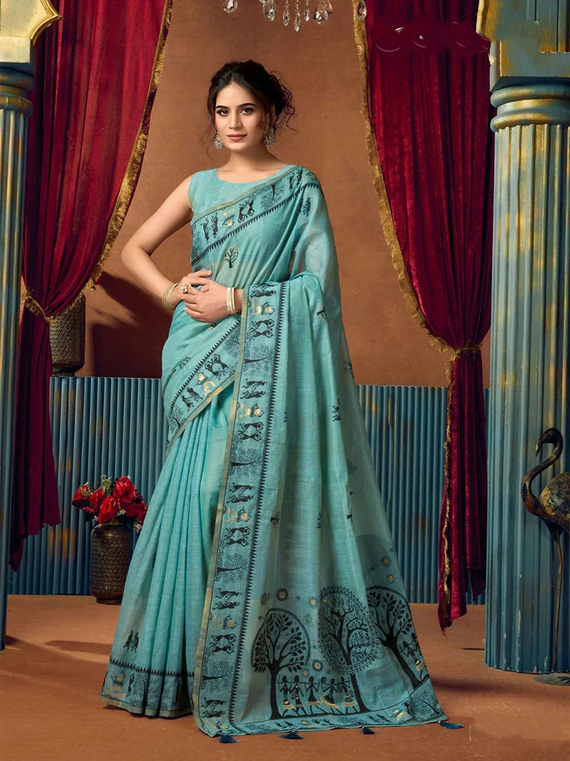 Aqua Blue Warli-Style Cotton Blend Saree with Tree Motif Pallu, front