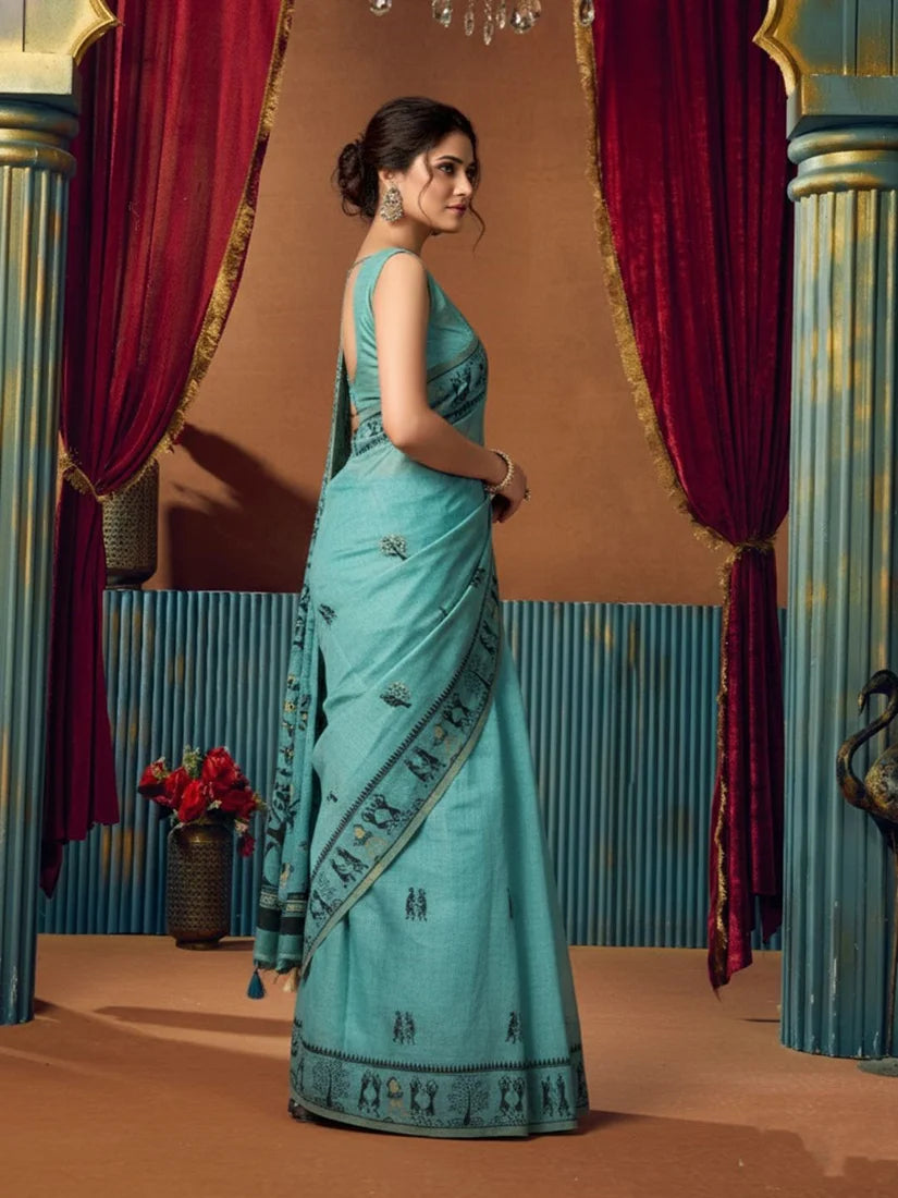 Aqua Blue Warli-Style Cotton Blend Saree with Tree Motif Pallu, side
