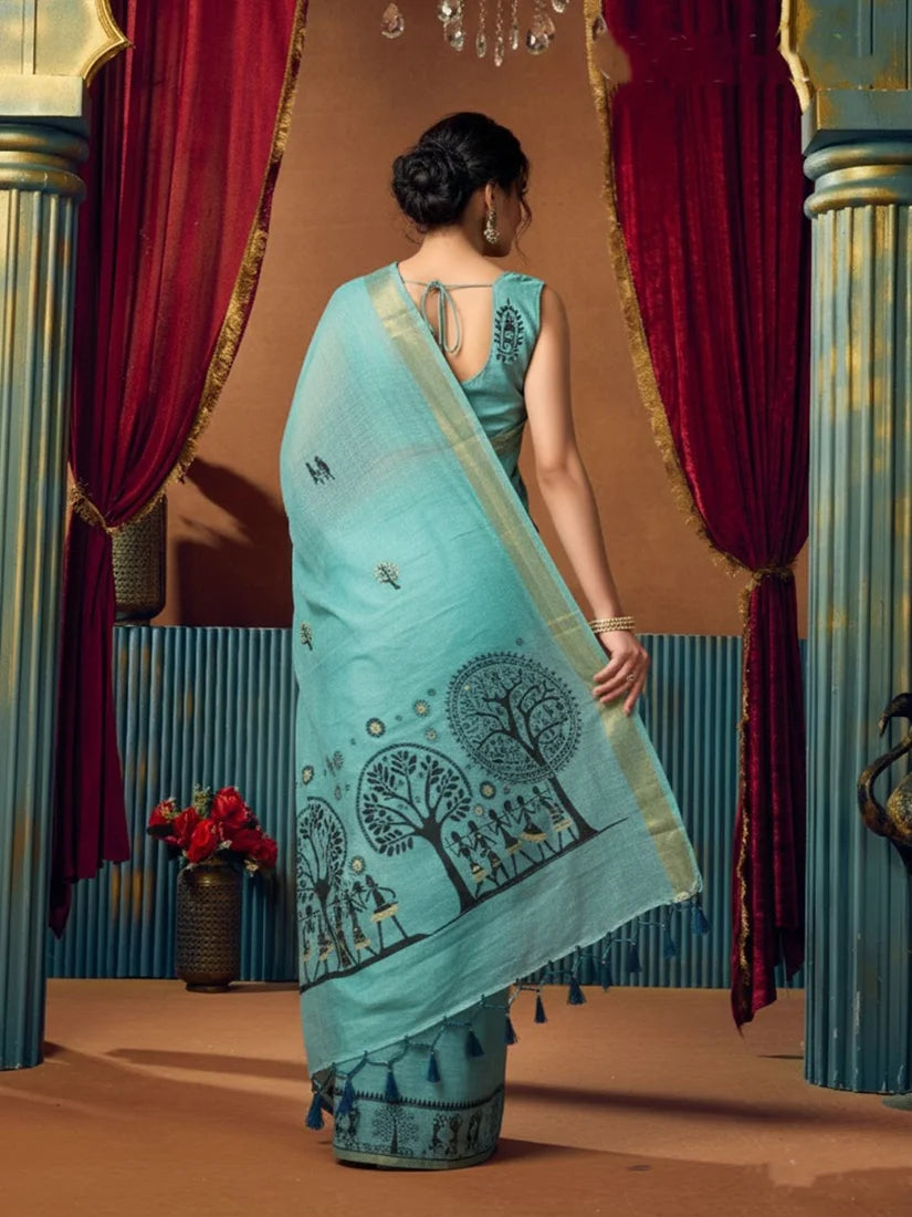 Aqua Blue Warli-Style Cotton Blend Saree with Tree Motif Pallu, back