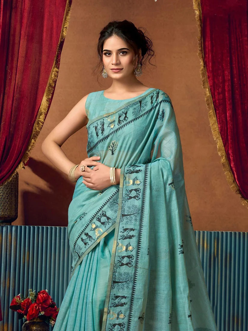 Aqua Blue Warli-Style Cotton Blend Saree with Tree Motif Pallu, blouse and pallu close-up
