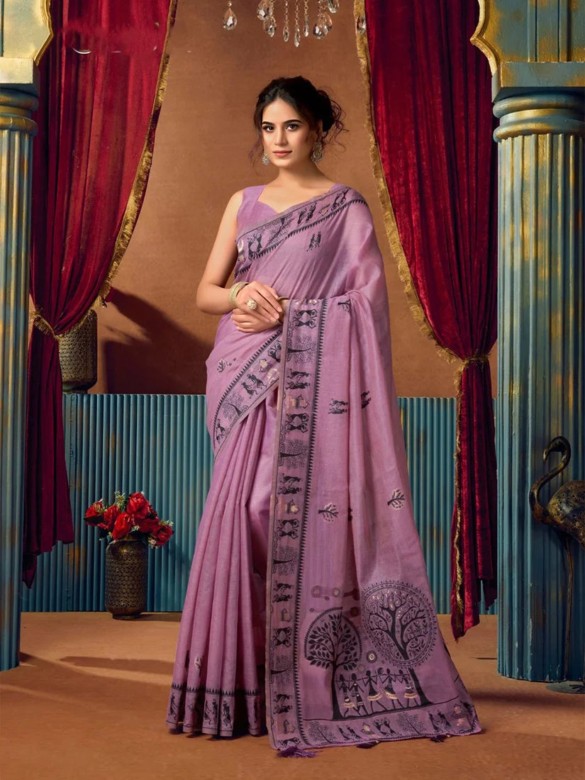 Lavender Warli-Style Cotton Blend Saree with Tree Motif Pallu, front