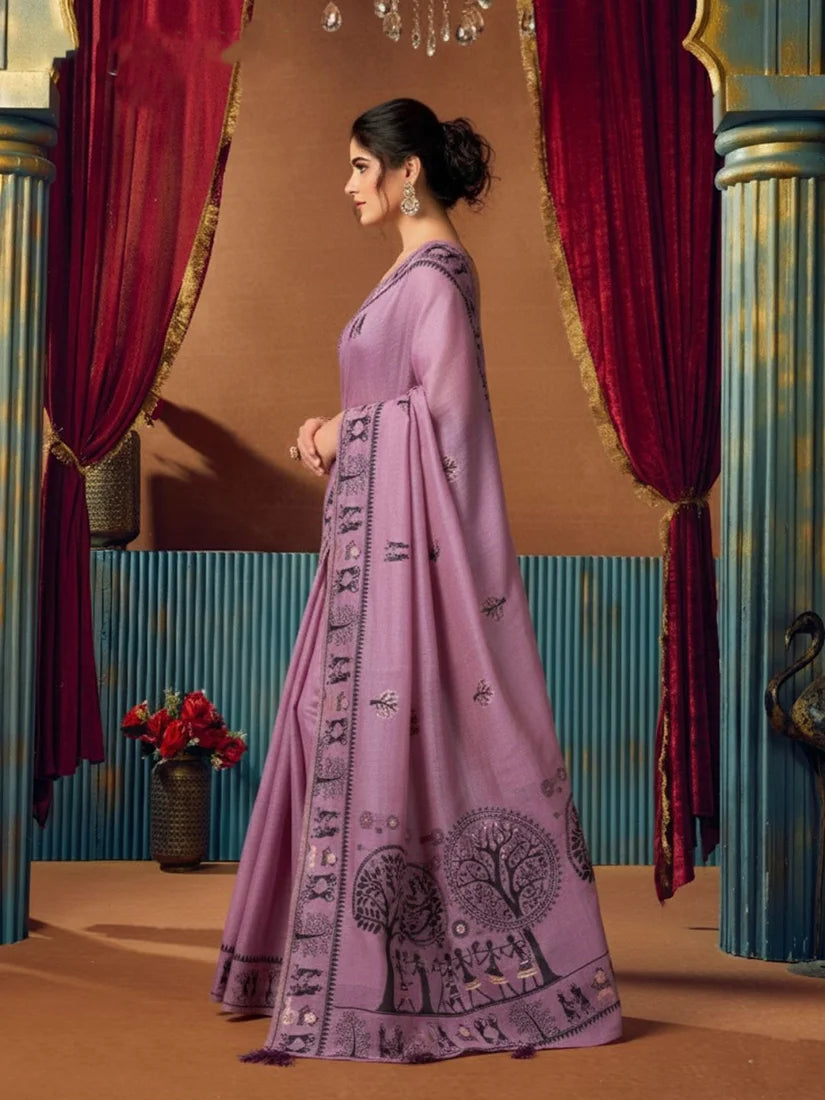 Lavender Warli-Style Cotton Blend Saree with Tree Motif Pallu, side