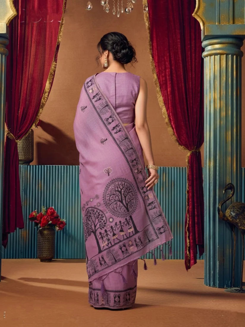 Lavender Warli-Style Cotton Blend Saree with Tree Motif Pallu, back