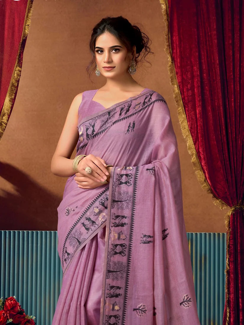 Lavender Warli-Style Cotton Blend Saree with Tree Motif Pallu, blouse and pallu close-up