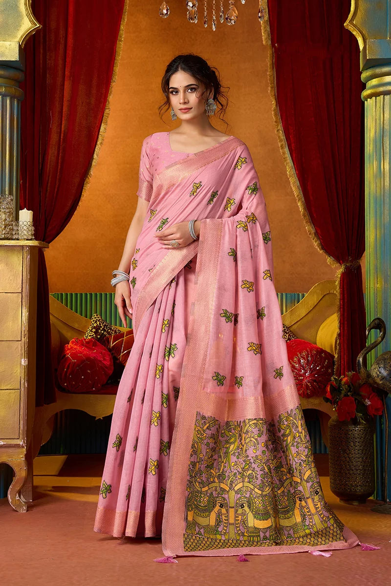 Pink Cotton Blend Saree with Elephant Motif Pallu, front