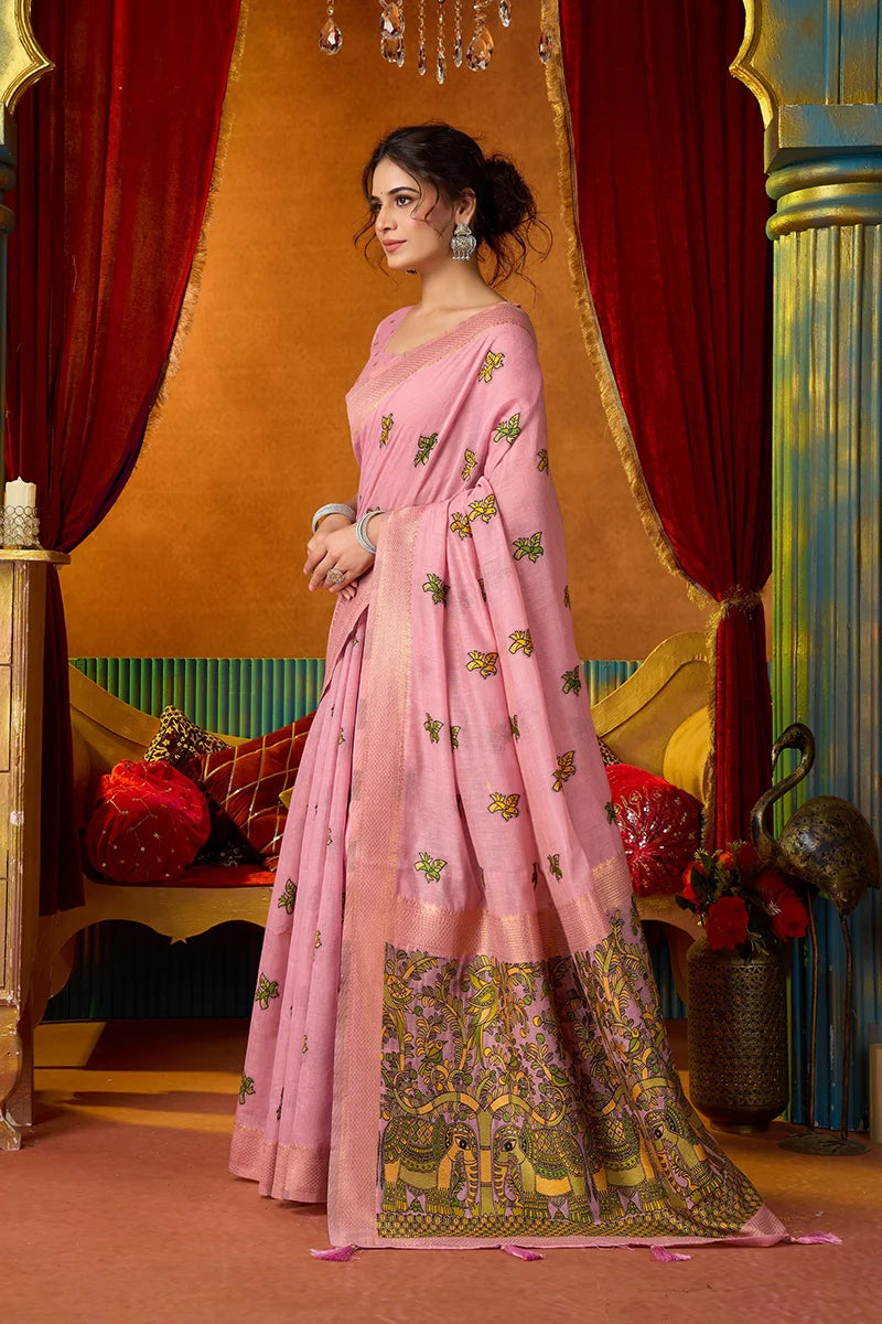 Pink Cotton Blend Saree with Elephant Motif Pallu, side
