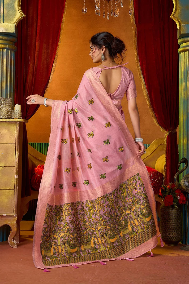 Pink Cotton Blend Saree with Elephant Motif Pallu, back