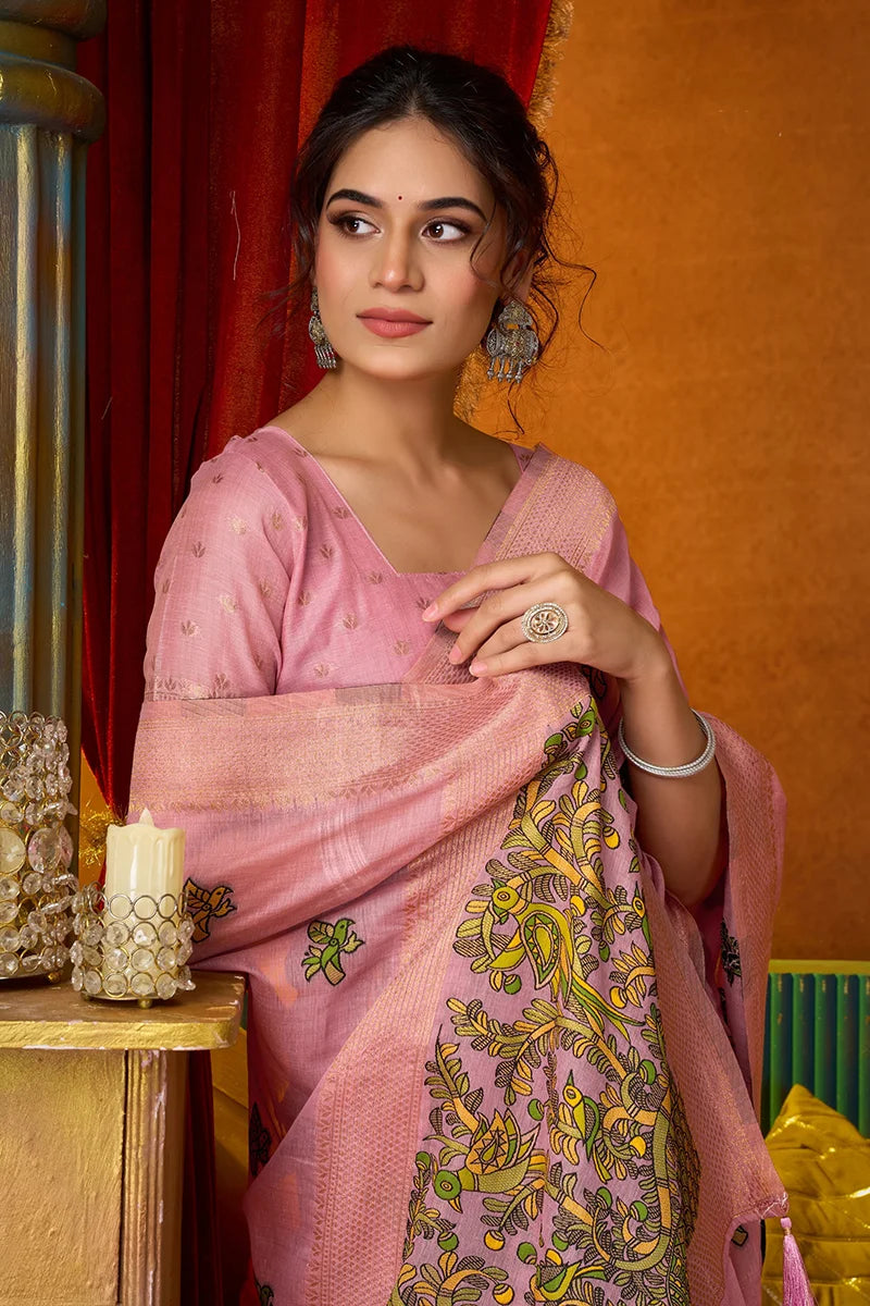 Pink Cotton Blend Saree with Elephant Motif Pallu, blouse and pallu close-up
