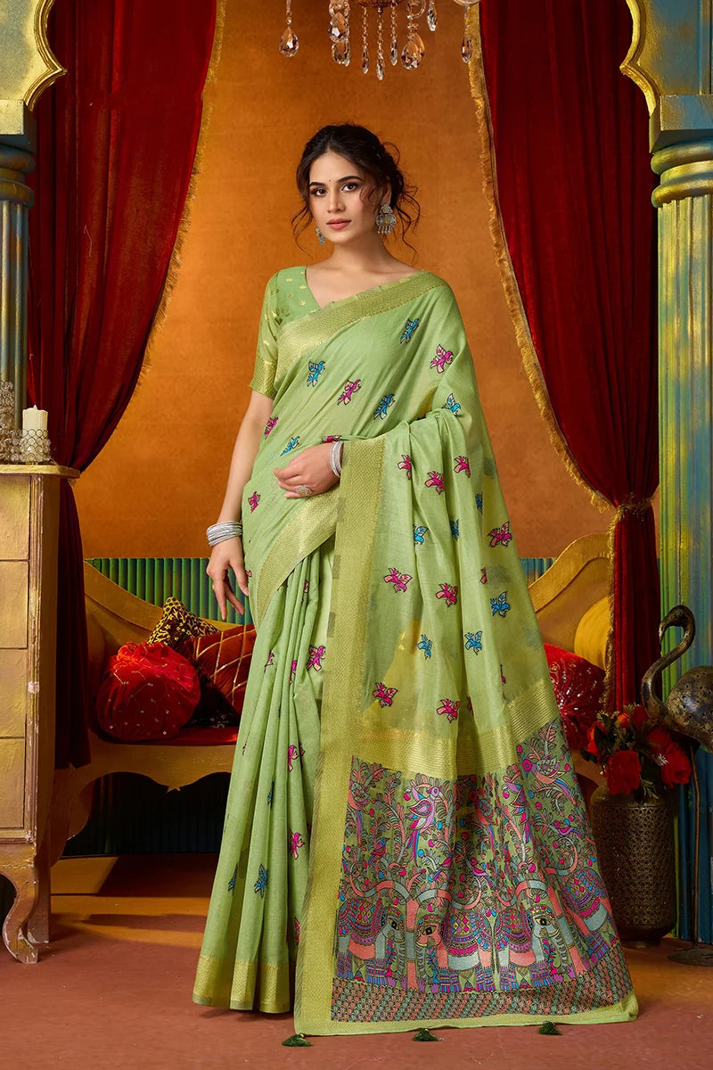 Light Green Cotton Blend Saree with Elephant Motif Pallu, front