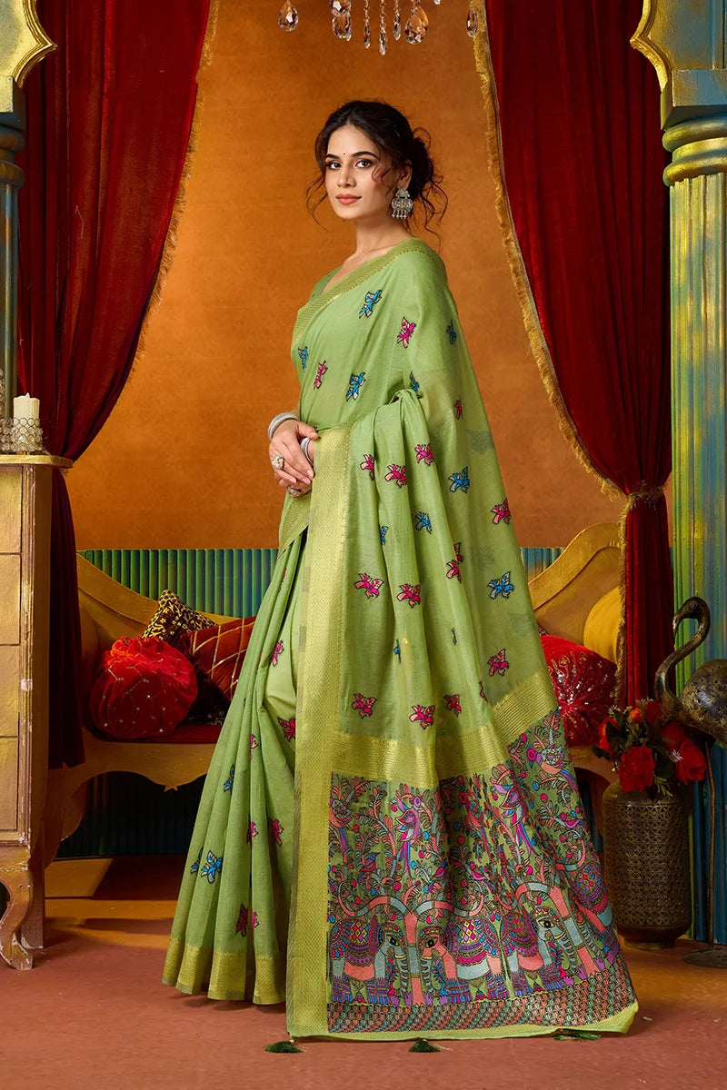Light Green Cotton Blend Saree with Elephant Motif Pallu, side