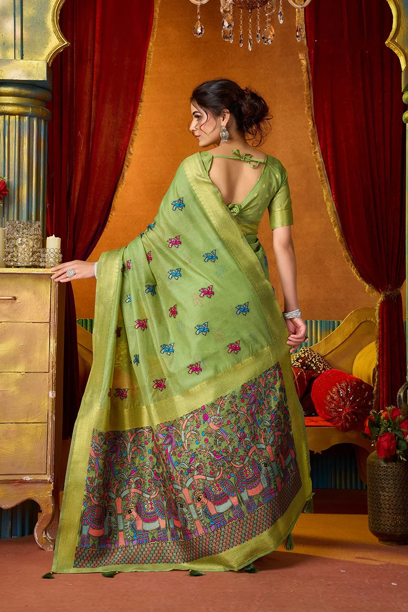 Light Green Cotton Blend Saree with Elephant Motif Pallu, back