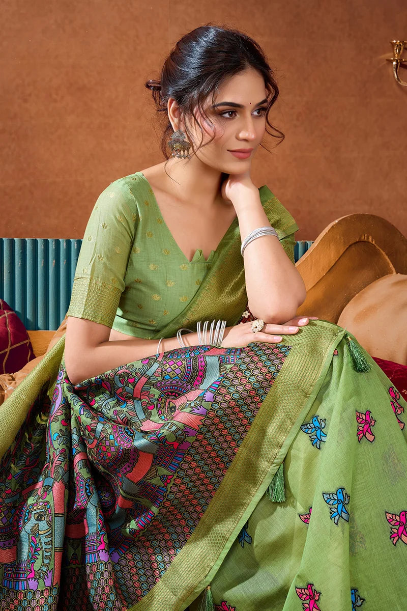 Light Green Cotton Blend Saree with Elephant Motif Pallu, blouse and pallu close-up