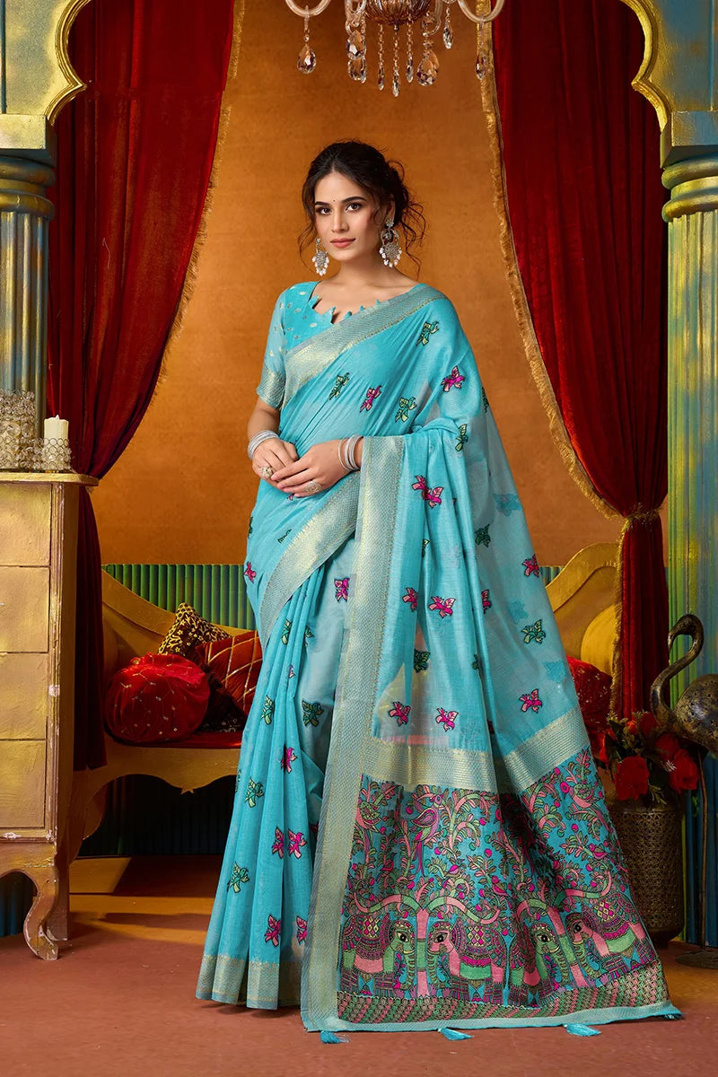Sky Blue Cotton Blend Saree with Elephant Motif Pallu, front