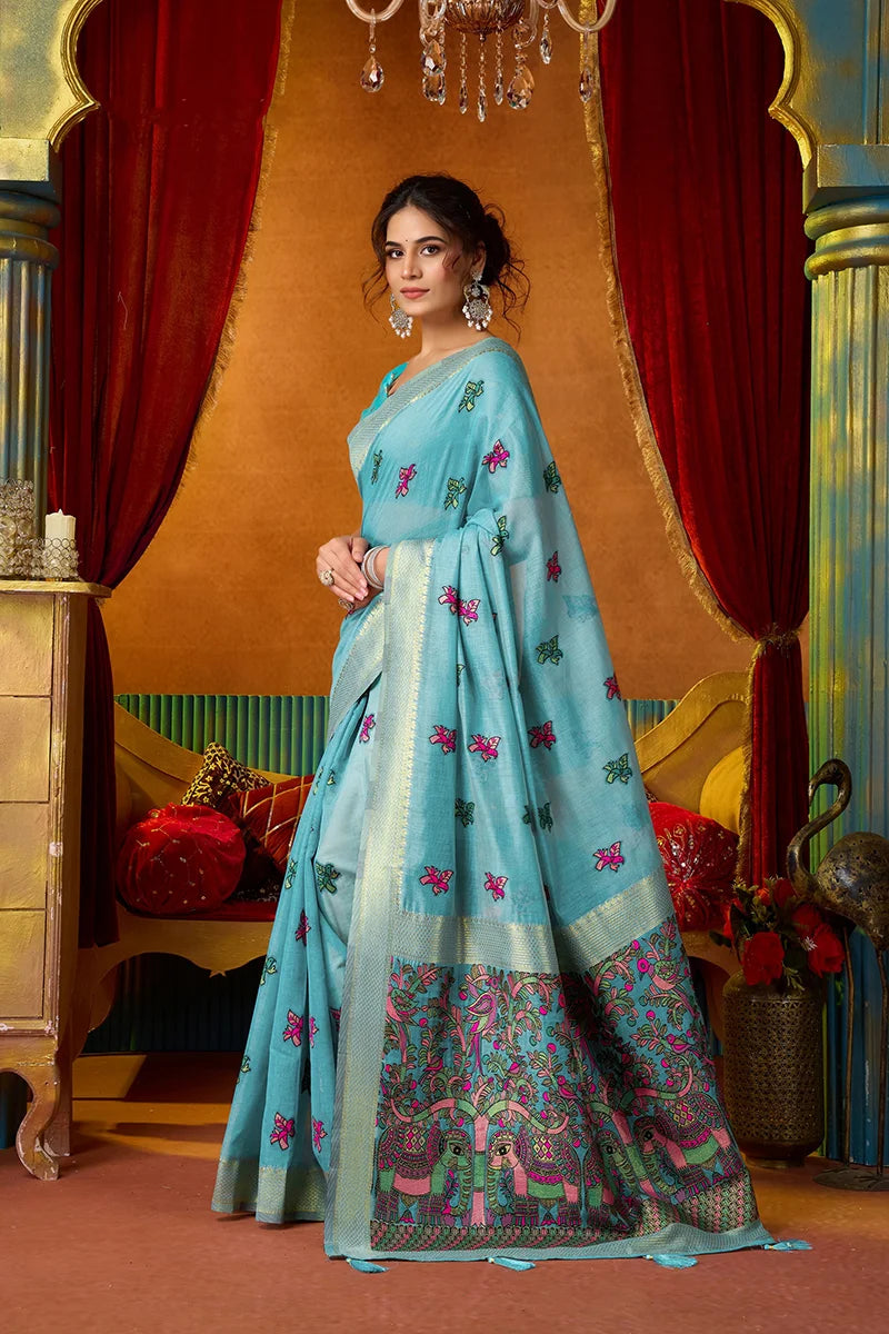 Sky Blue Cotton Blend Saree with Elephant Motif Pallu, side