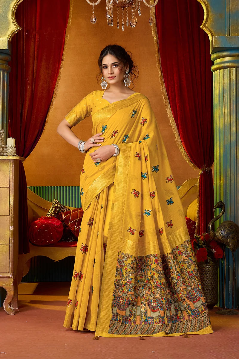 Mustard Cotton Blend Saree with Elephant Motif Pallu, front