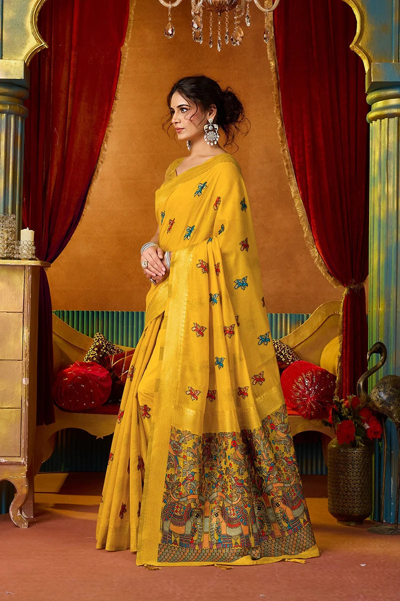 Mustard Cotton Blend Saree with Elephant Motif Pallu, side