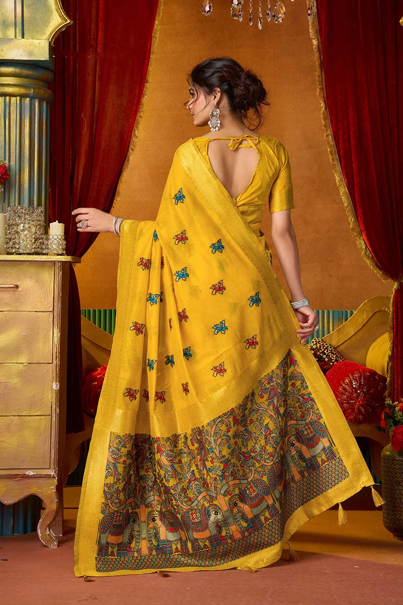 Mustard Cotton Blend Saree with Elephant Motif Pallu, back
