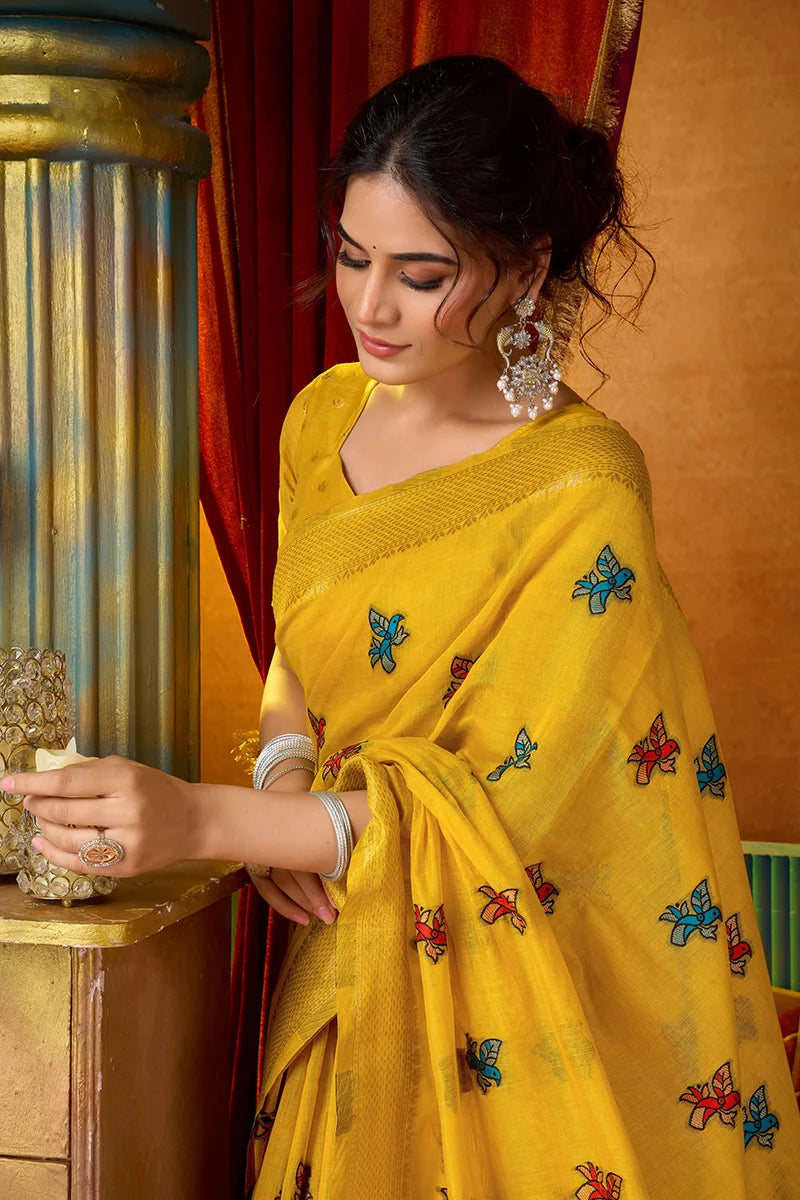 Mustard Cotton Blend Saree with Elephant Motif Pallu, blouse and pallu close-up
