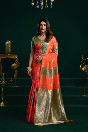 Orange Banarasi-Style Silk Blend Saree with Striped Zari Pallu