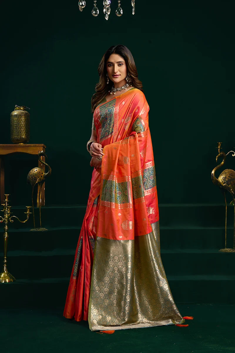 Orange Banarasi-Style Silk Blend Saree with Striped Zari Pallu, side