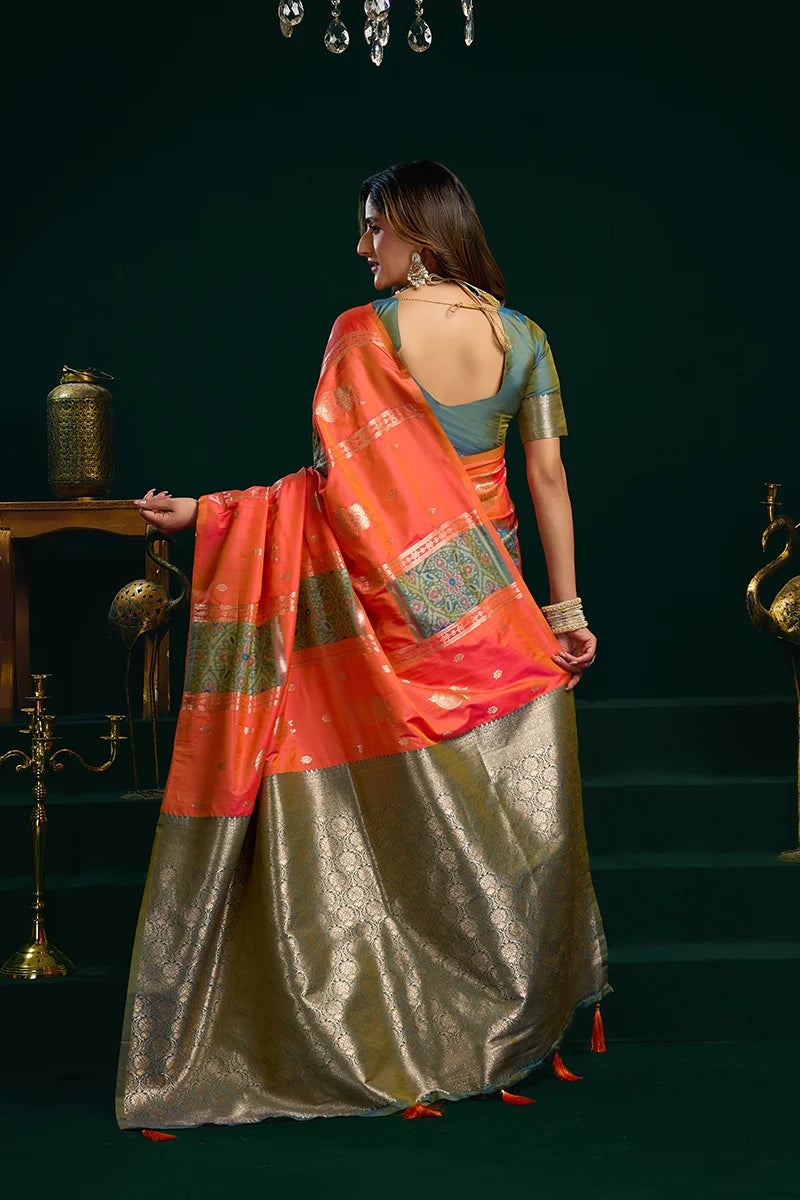 Orange Banarasi-Style Silk Blend Saree with Striped Zari Pallu, back