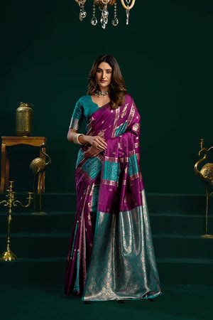 Purple Banarasi-Style Silk Blend Saree with Striped Zari Pallu