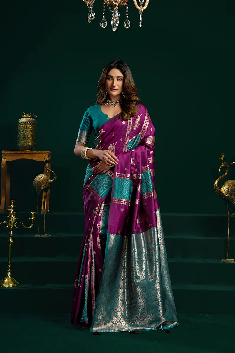 Purple Banarasi-Style Silk Blend Saree with Striped Zari Pallu, front