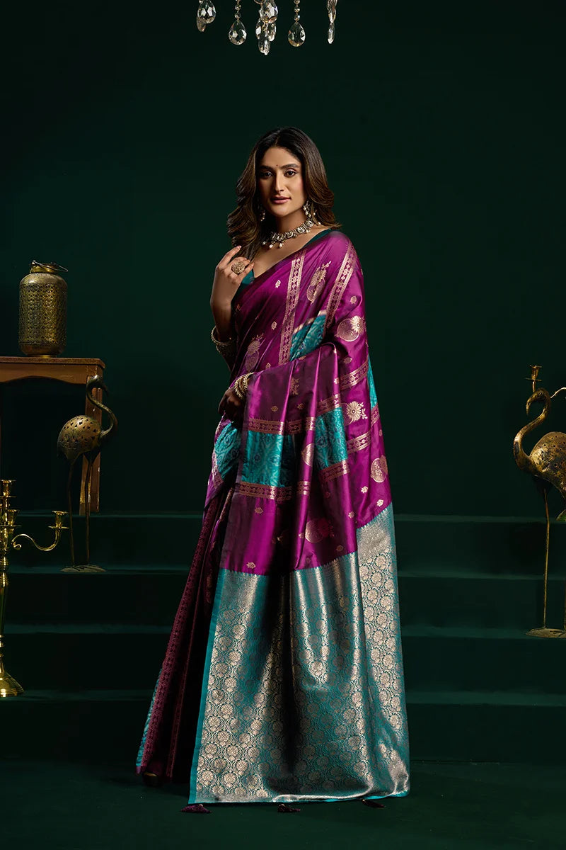 Purple Banarasi-Style Silk Blend Saree with Striped Zari Pallu, side