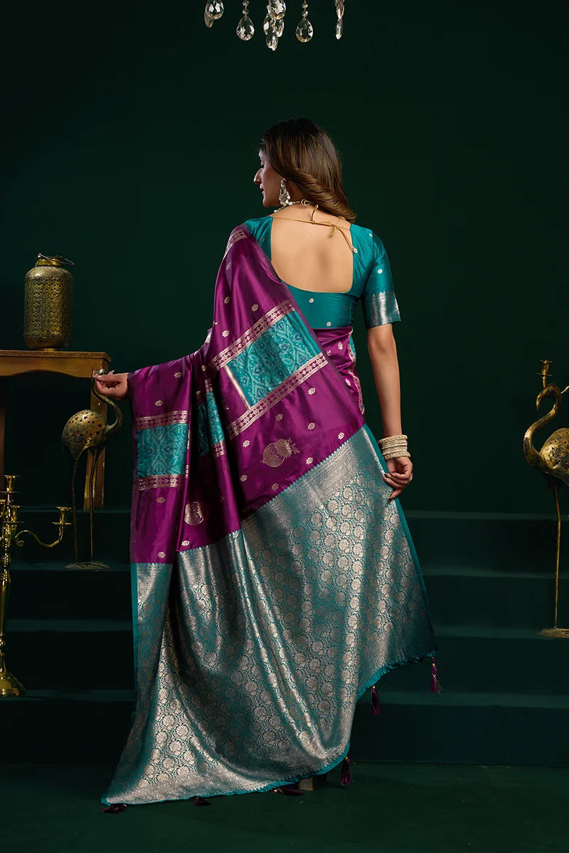 Purple Banarasi-Style Silk Blend Saree with Striped Zari Pallu, back