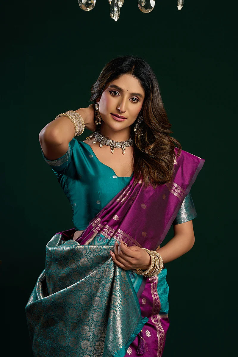 Purple Banarasi-Style Silk Blend Saree with Striped Zari Pallu, blouse and pallu close-up
