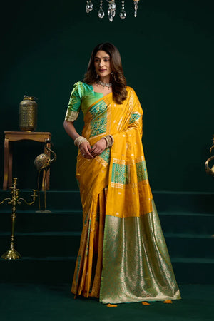 Mustard Banarasi-Style Silk Blend Saree with Striped Zari Pallu