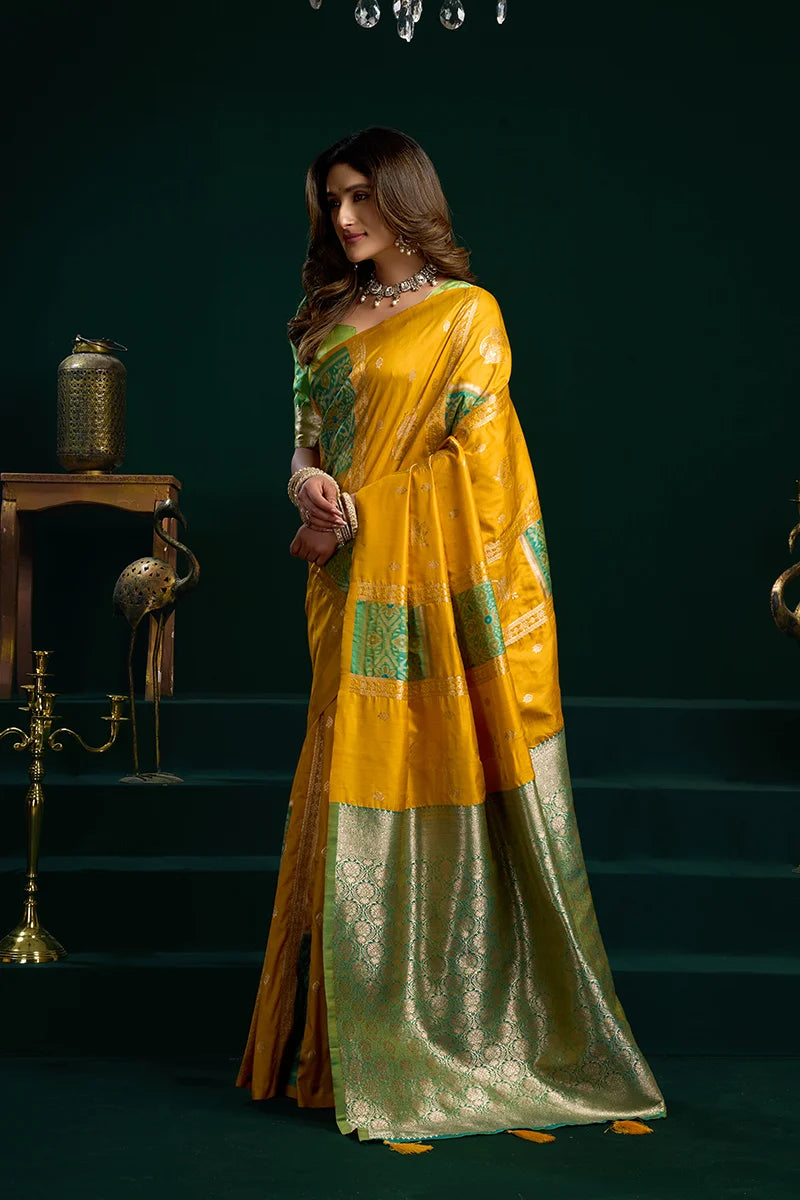 Mustard Banarasi-Style Silk Blend Saree with Striped Zari Pallu, side