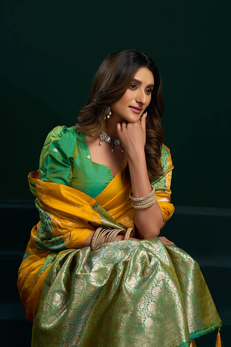 Mustard Banarasi-Style Silk Blend Saree with Striped Zari Pallu, blouse and pallu close-up