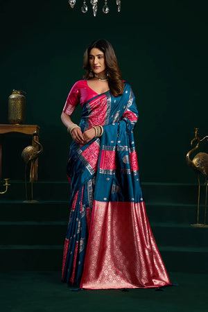 Teal Banarasi-Style Silk Blend Saree with Striped Zari Pallu