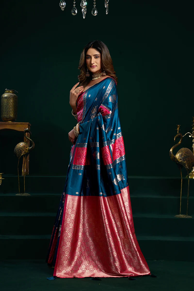 Teal Banarasi-Style Silk Blend Saree with Striped Zari Pallu, side