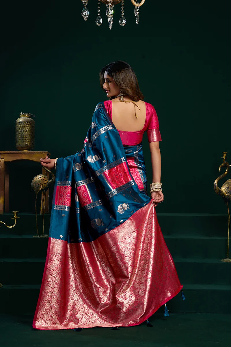 Teal Banarasi-Style Silk Blend Saree with Striped Zari Pallu, back