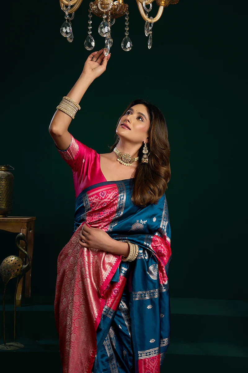 Teal Banarasi-Style Silk Blend Saree with Striped Zari Pallu, blouse and pallu close-up