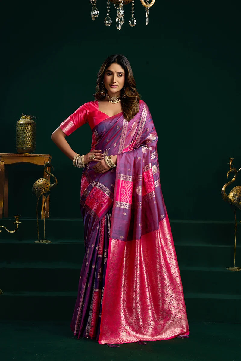 Violet Banarasi-Style Silk Blend Saree with Striped Zari Pallu, front