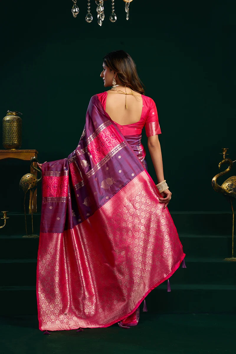 Violet Banarasi-Style Silk Blend Saree with Striped Zari Pallu, back