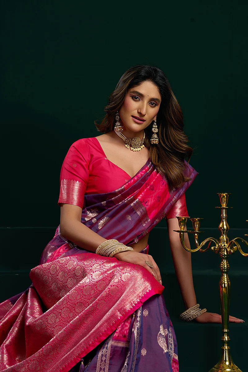 Violet Banarasi-Style Silk Blend Saree with Striped Zari Pallu, blouse and pallu close-up