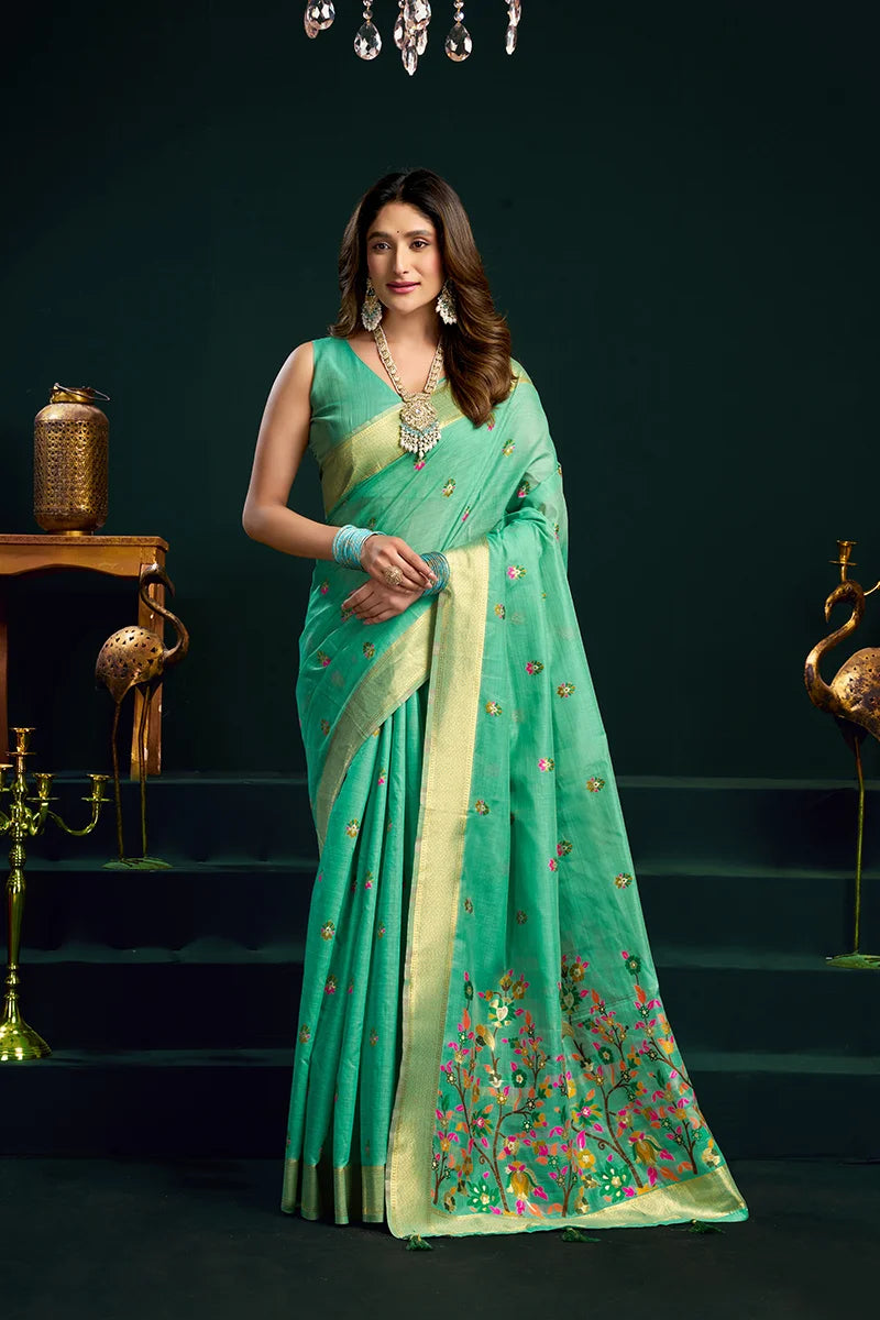 Sea Green Cotton Blend Saree with Floral Meenakari Pallu, front