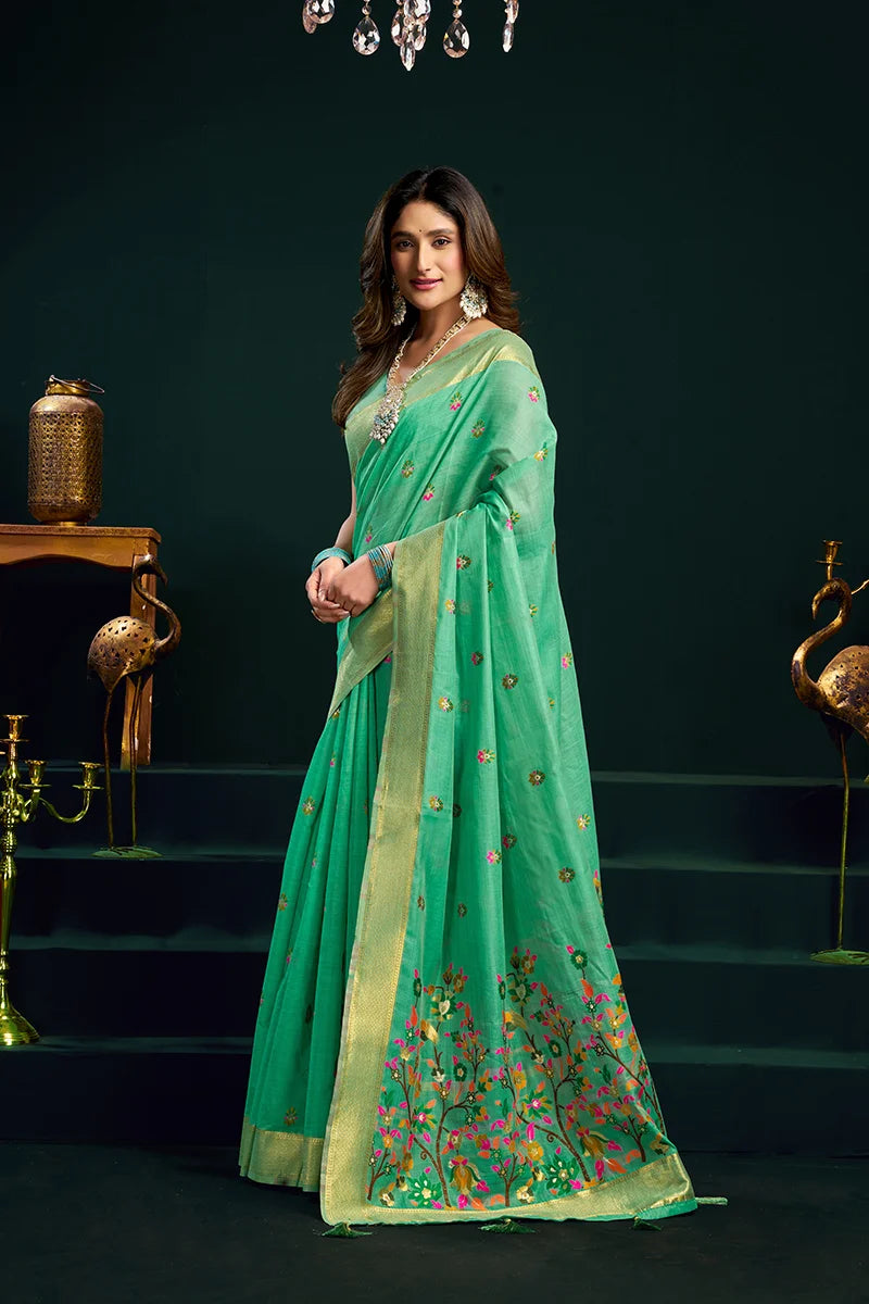 Sea Green Cotton Blend Saree with Floral Meenakari Pallu, side
