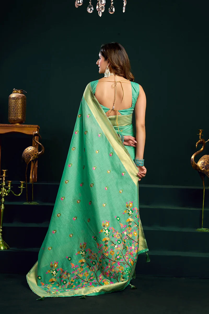 Sea Green Cotton Blend Saree with Floral Meenakari Pallu, back