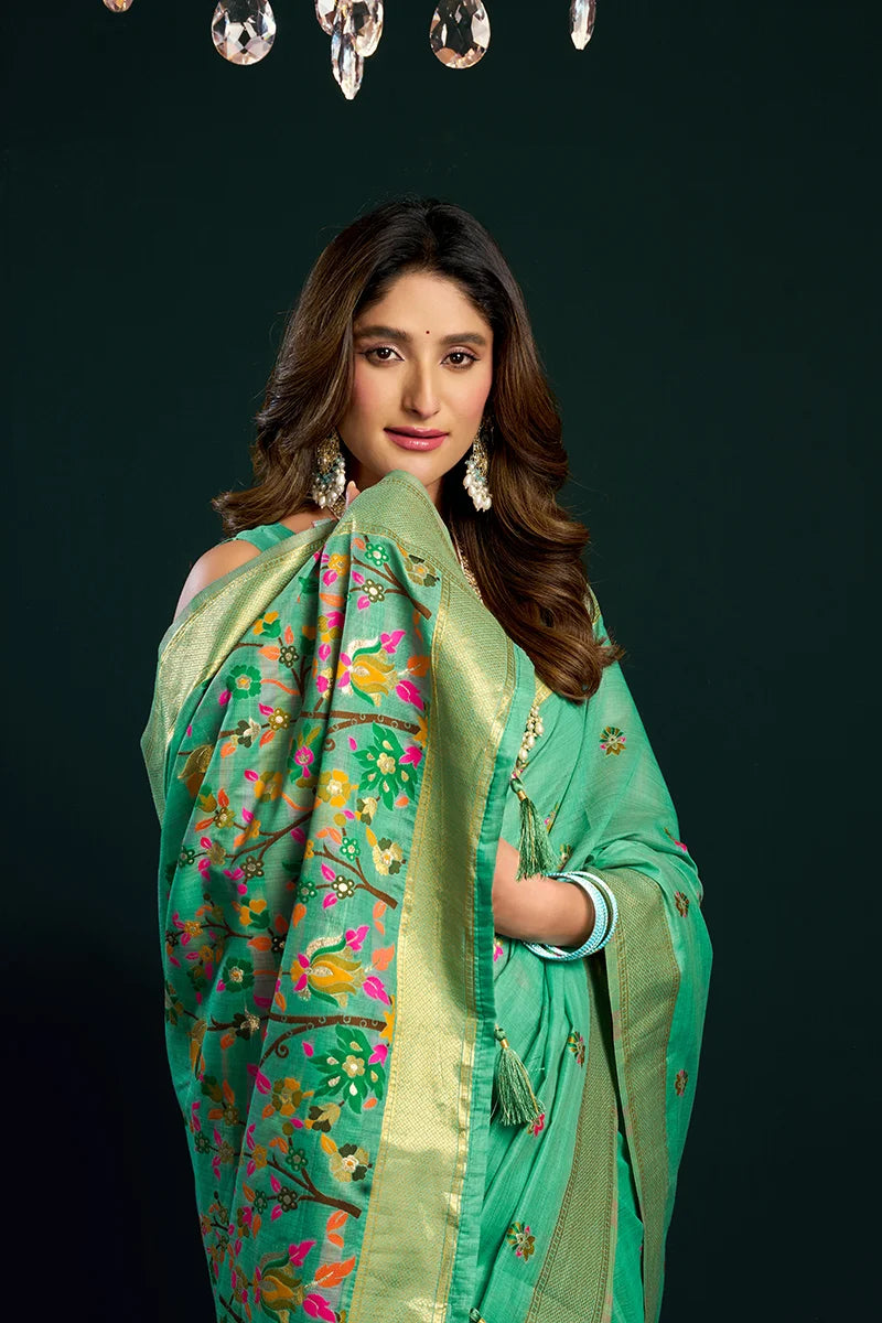 Sea Green Cotton Blend Saree with Floral Meenakari Pallu, blouse and pallu close-up