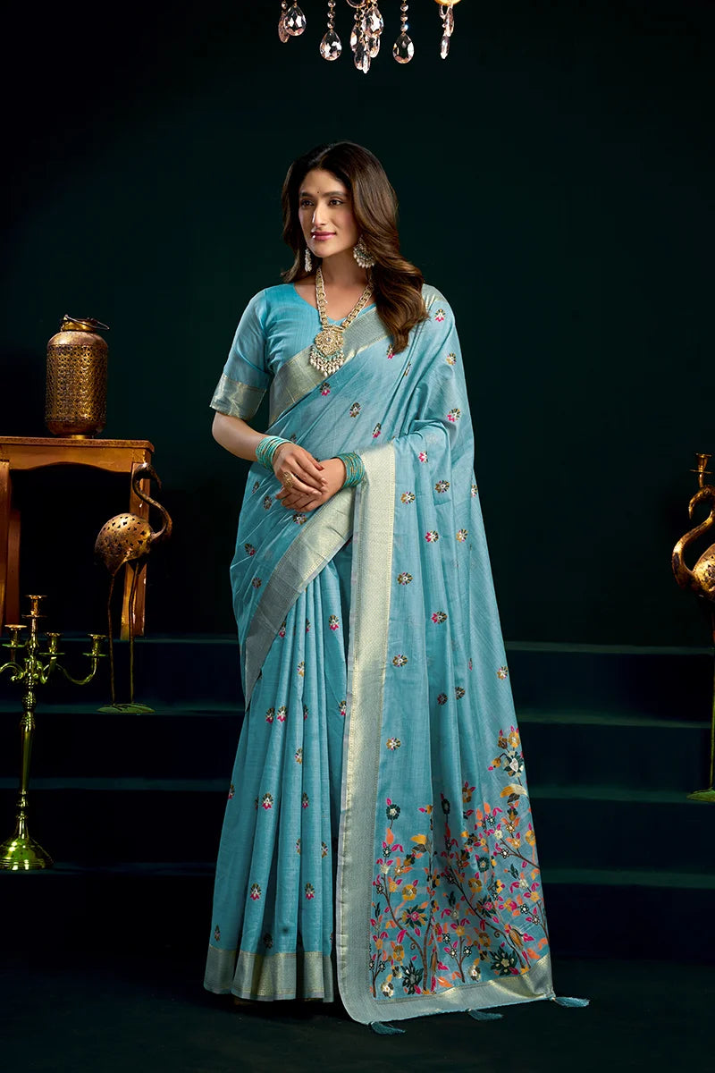 Sky Blue Cotton Blend Saree with Floral Meenakari Pallu, front