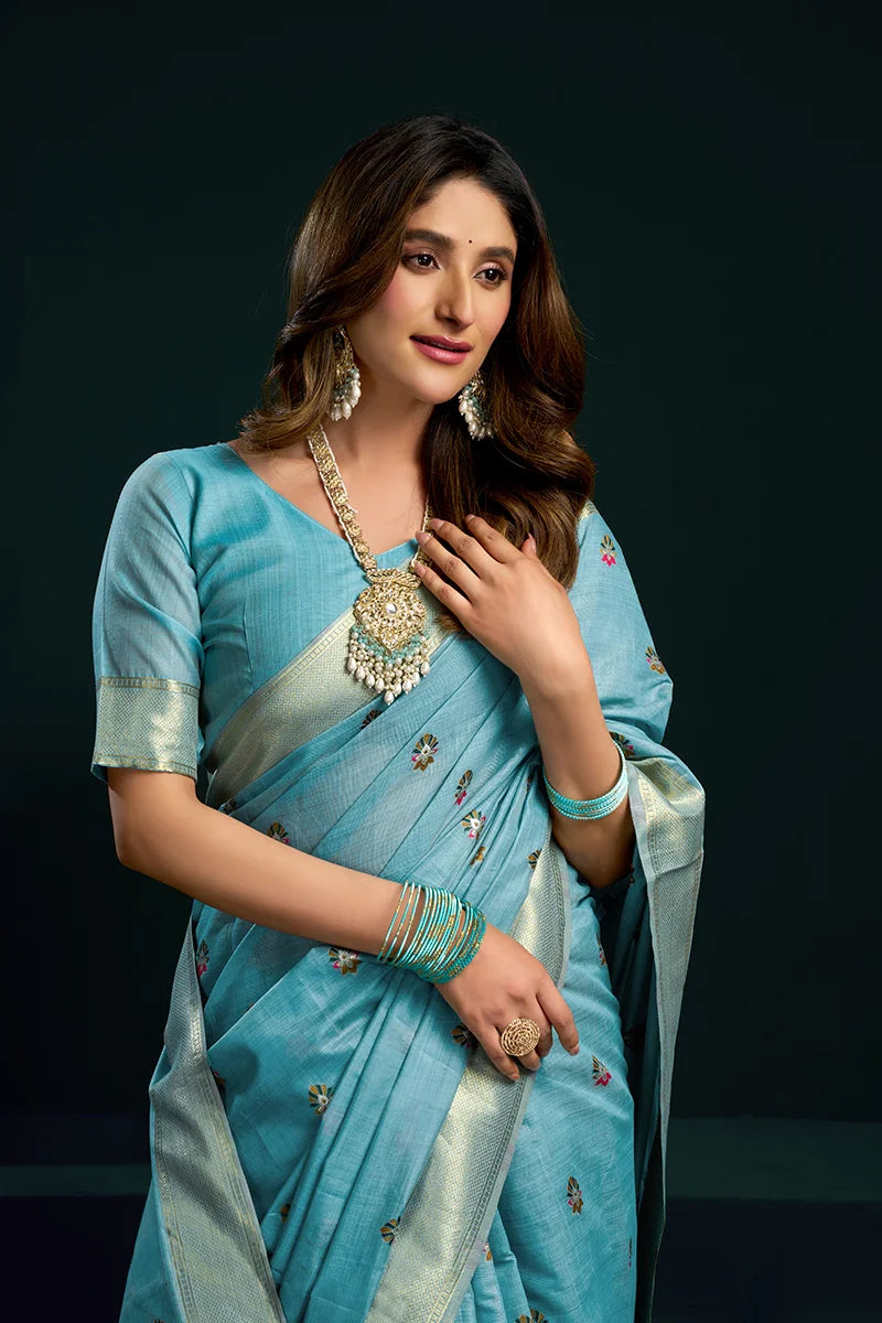 Sky Blue Cotton Blend Saree with Floral Meenakari Pallu, blouse and pallu close-up