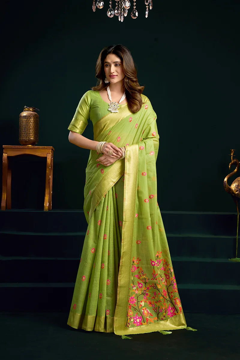 Light Green Cotton Blend Saree with Floral Meenakari Pallu, front