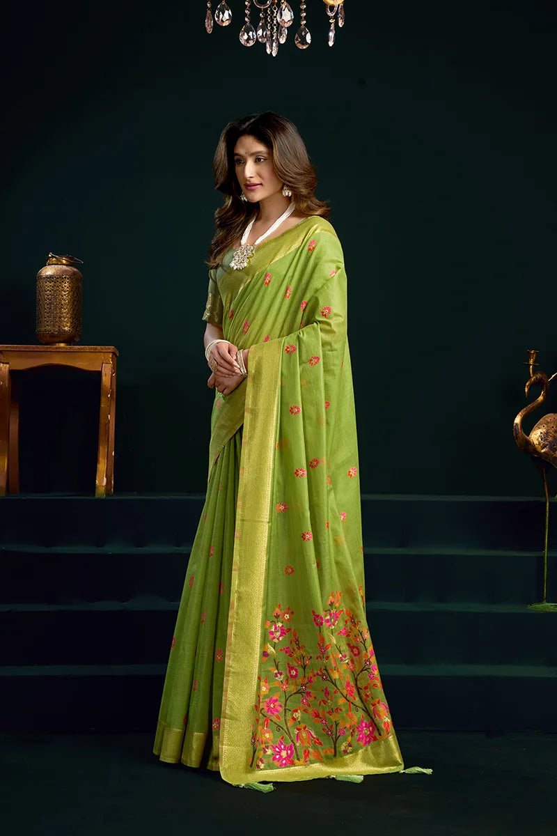Light Green Cotton Blend Saree with Floral Meenakari Pallu, side