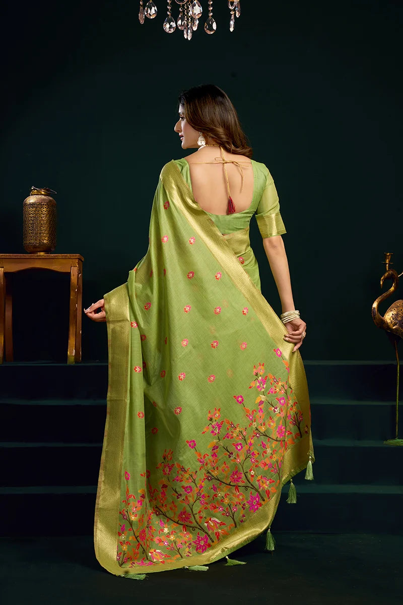 Light Green Cotton Blend Saree with Floral Meenakari Pallu, back