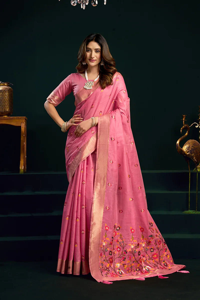 Pink Cotton Blend Saree with Floral Meenakari Pallu, front